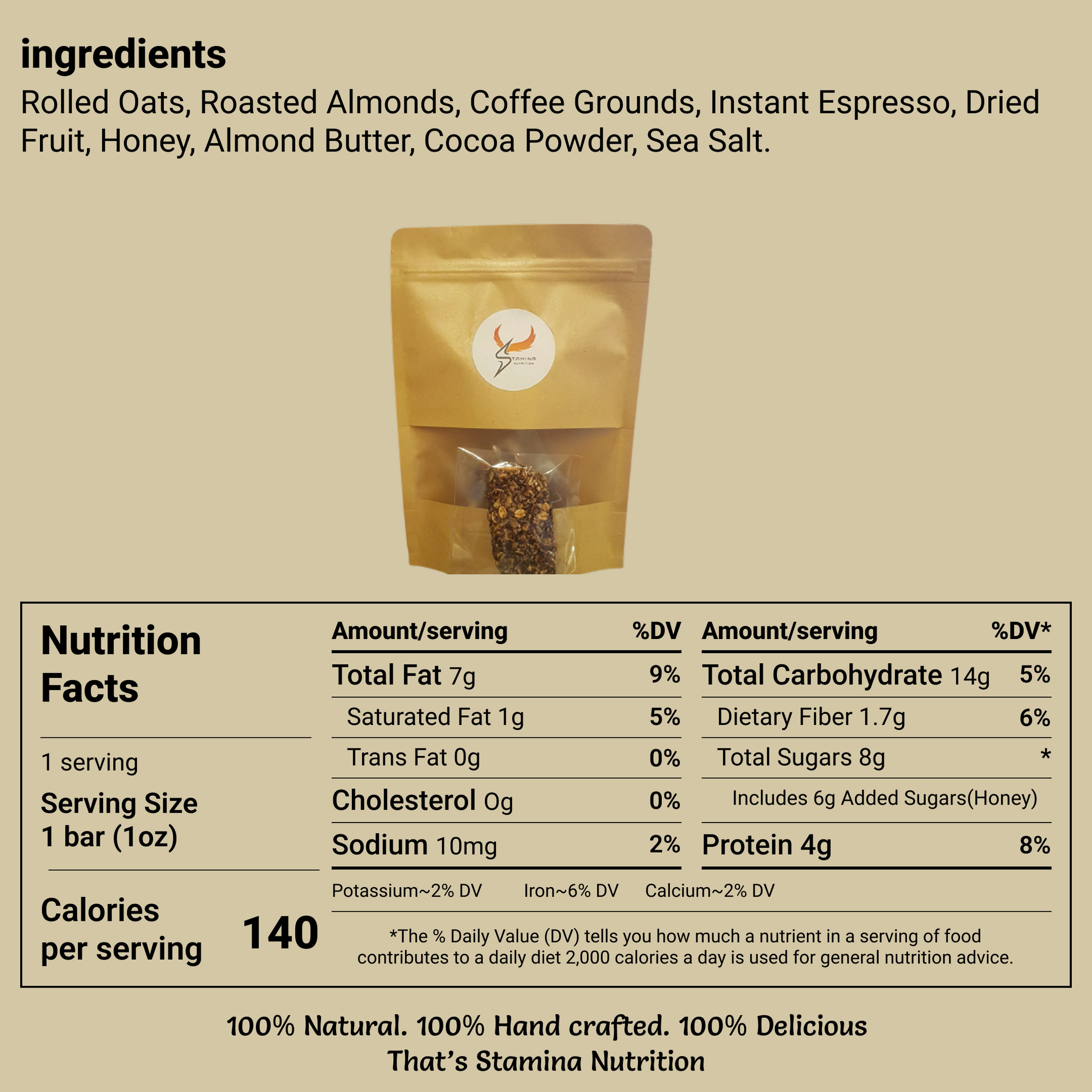 Stamina Nutrition product packaging with ingredients list and nutrition facts on a beige background